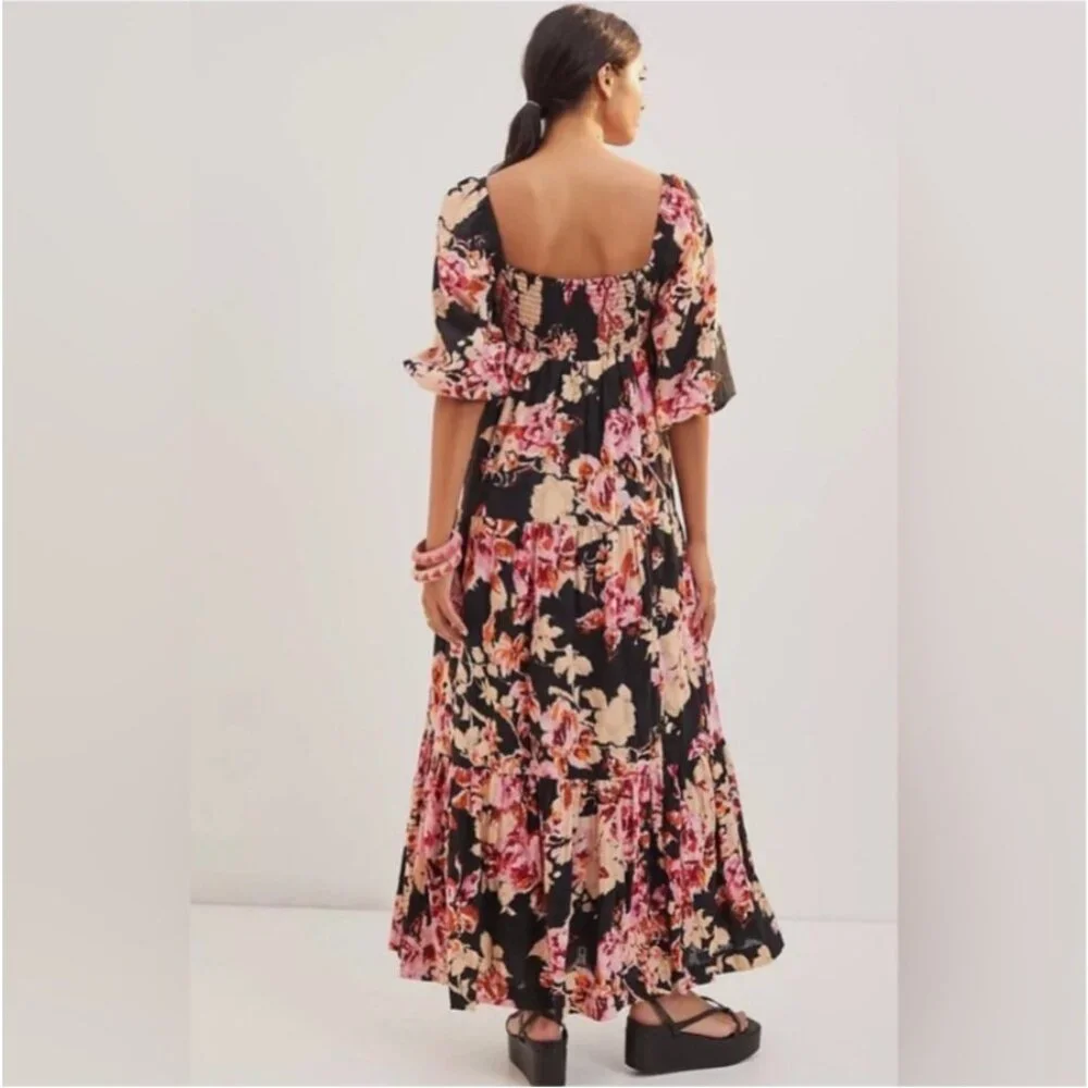 Anthropologie 100% Cotton Boho‎ Black Floral Pink Maxi Dress Balloon Sleeve